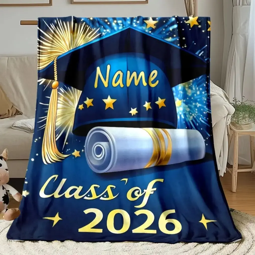 Personalized Class of 2026 Graduation Flannel Printed Blanket - Custom Name Print Bed Blanket, Soft Throws, Cozy All-Season Bedspread, Bed Blankets