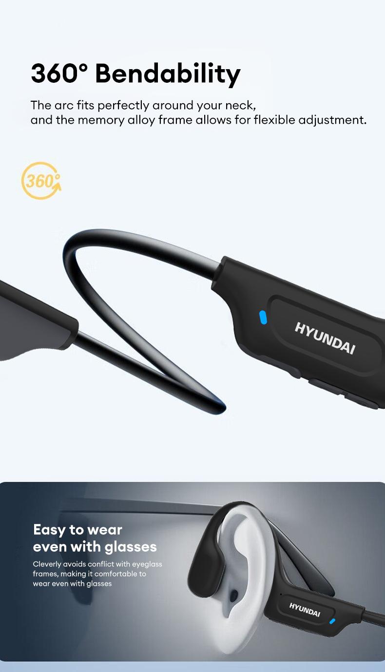 HYUNDAI G06 Bone Conduction Neckband Wireless Earphones with Bluetooth 5.4, Enhanced Surround Sound, 360° Flexible Bending, Lightweight & Comfortable Fit, Ultra-Long Battery Life, Wireless Headphones for Music, Calls & Sports