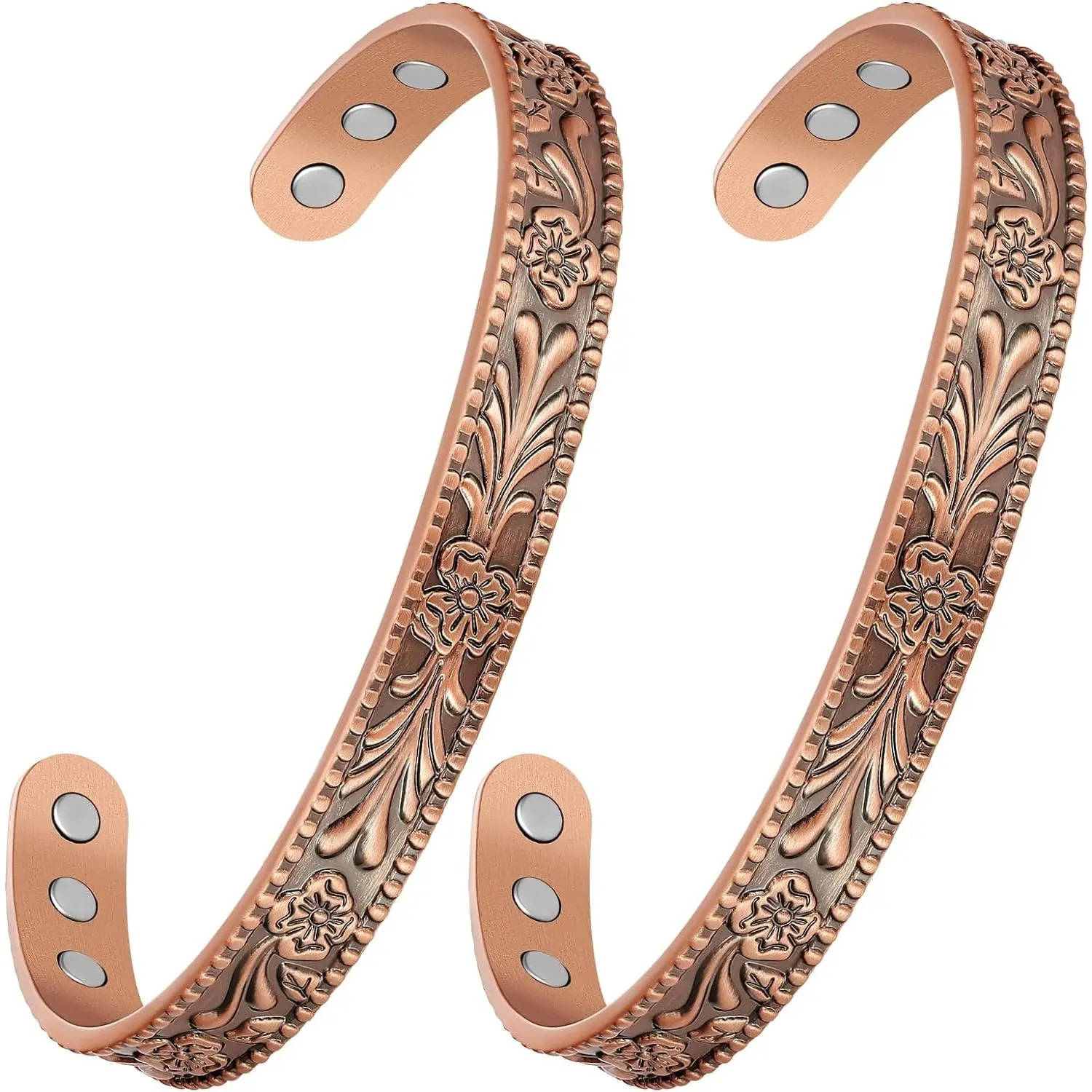 Women's Casual 2-Piece Pure Copper Magnetic Bracelets - 99.99% Purity, 3500 Gauss Magnets, Vintage Floral Adjustable Cuff Bangle Jewelry with Gift Box, Copper Bracelet, Casual Wear, Matching Pair, Exquisite Bracelet, Arm Candy Accessories