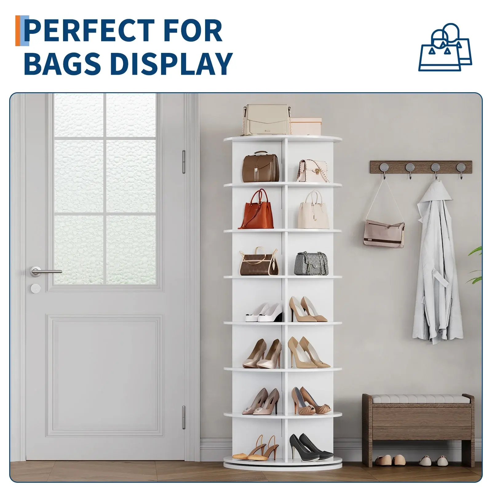 7 Tier Rotating Shoe Rack Tower for Living room,&Entryway, 360° Spinning Shoe Display Lazy Susan, White