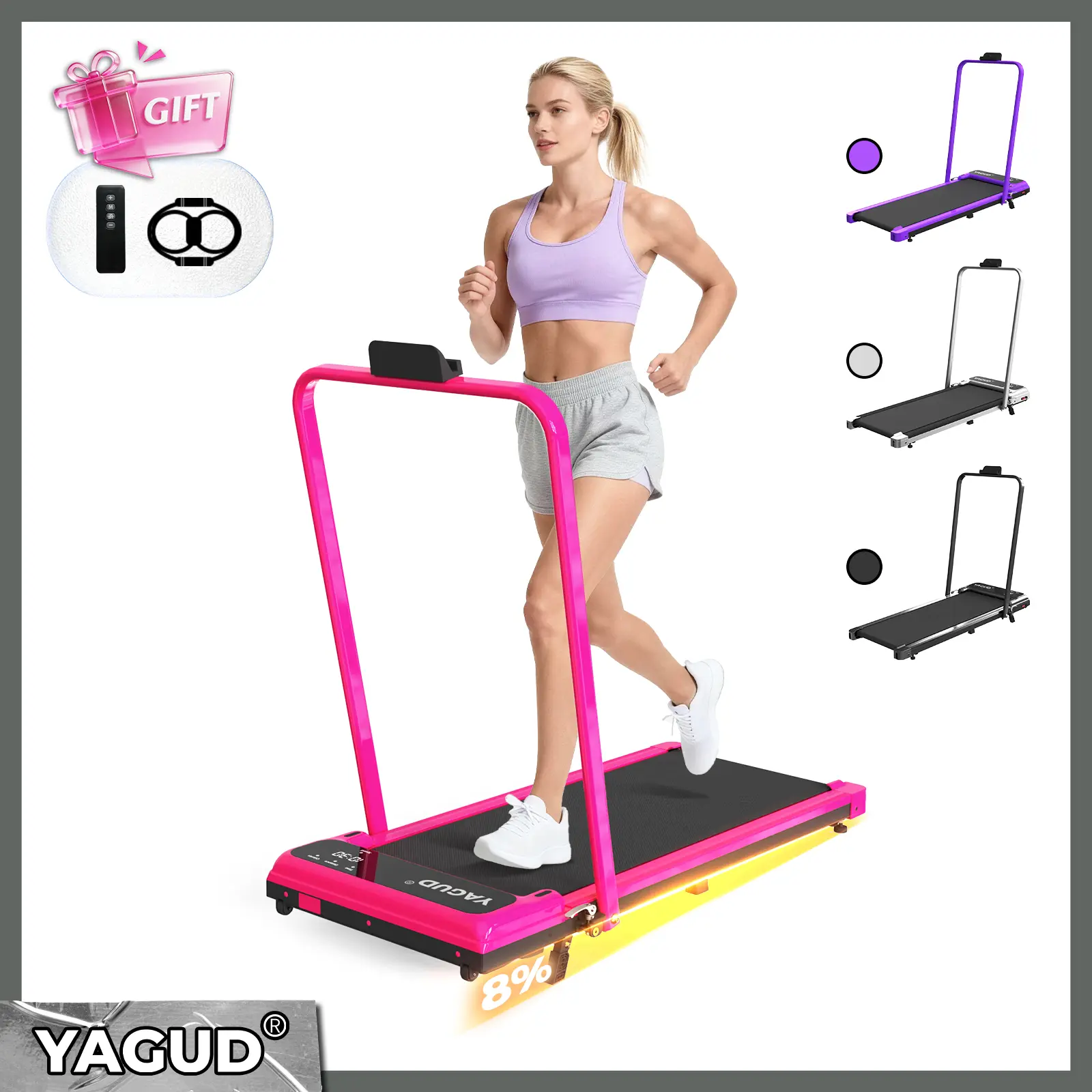 YAGUD Walking Pad w/ Adjustable Incline - Low-Noise Walking Pad w/ 265lbs Weight Capacity, Remote Control w/ Free Resistance Bands, Easy mobility, Home Gym Equipment