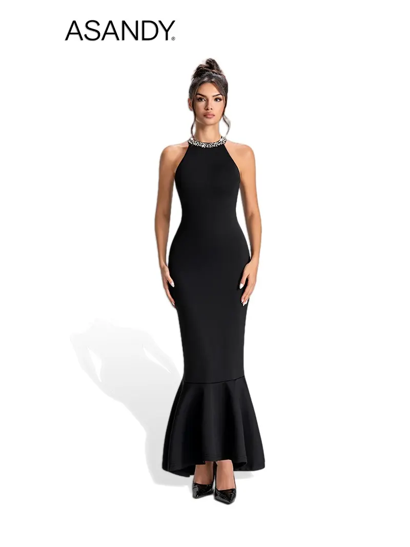 ASANDY Black Rhinestone Halter Neck Fitted Mermaid Maxi Dress - Chic Lady's Formal Wear with Elegance for Wedding Guest, Evening Date Night - TikTok Shop ASANDY Black Rhinestone Halter Neck Fitted Mermaid Maxi Dress - Chic Lady's Formal Wear with Elegance for Wedding Guest, Evening Date Night - TikTok Shop