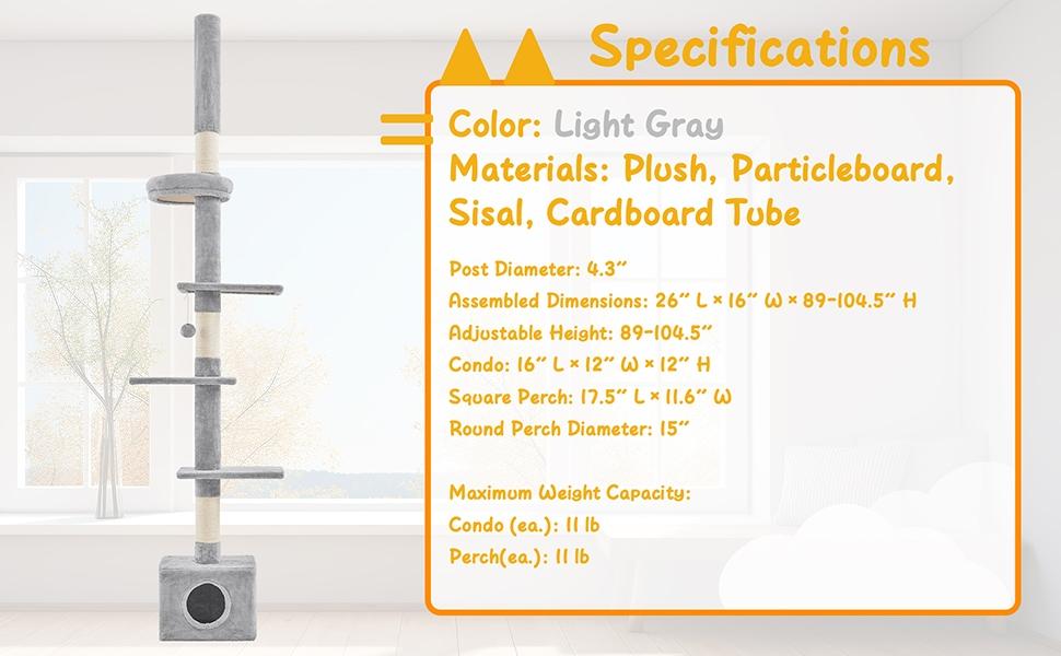 Yaheetech Adjustable 7.4-8.7FT Floor-to-Ceiling Cat Tree with 1 Condo 4 Perches & Scratching Posts Multi-level Cat Tower for Small/Medium Cats - Vertical Scratcher