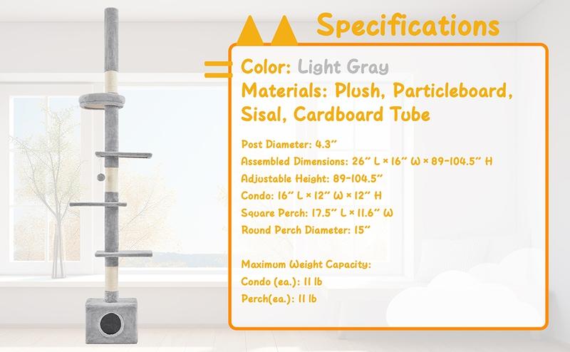 Yaheetech Adjustable 7.4-8.7FT Floor-to-Ceiling Cat Tree with 1 Condo 4 Perches & Scratching Posts Multi-level Cat Tower for Small/Medium Cats - Vertical Scratcher