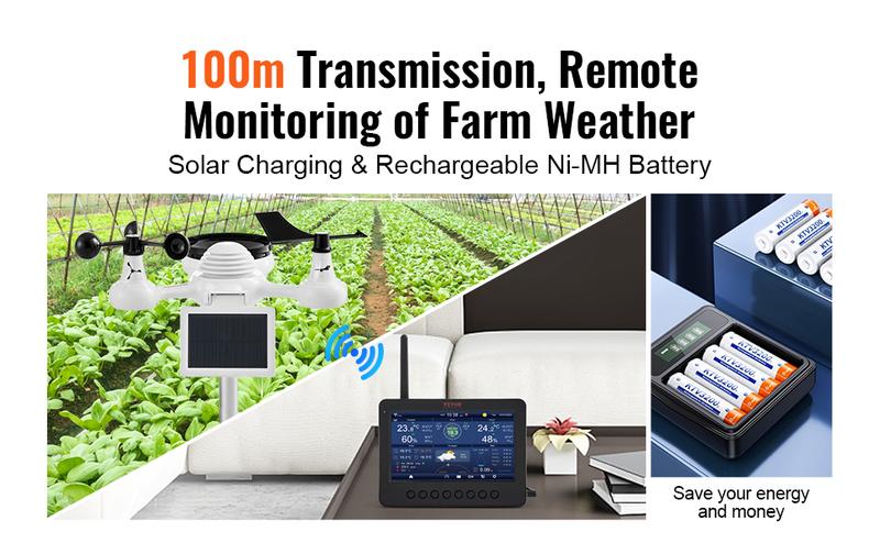 VEVOR 7-in-1 Wireless Weather Station with Wi-Fi,  7" TFT Colorful Display, Solar-Powered Outdoor Sensor, Indoor & Outdoor Monitoring, Includes Temperature, Humidity, Wind Speed/Direction, and Rainfall