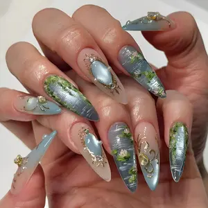 Monet Inspired Water Lily Press On Nails | Hand-Painted Impressionist Gem Nails
