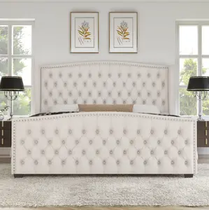 VanAcc Luxury Bed Frame, Velvet Upholstered Bed with Deep Button Tufted Design& Nailhead Trim Wingback Headboard, Unique Bedroom Furniture, No Box Spring Needed/Durability/KING/QUEEN