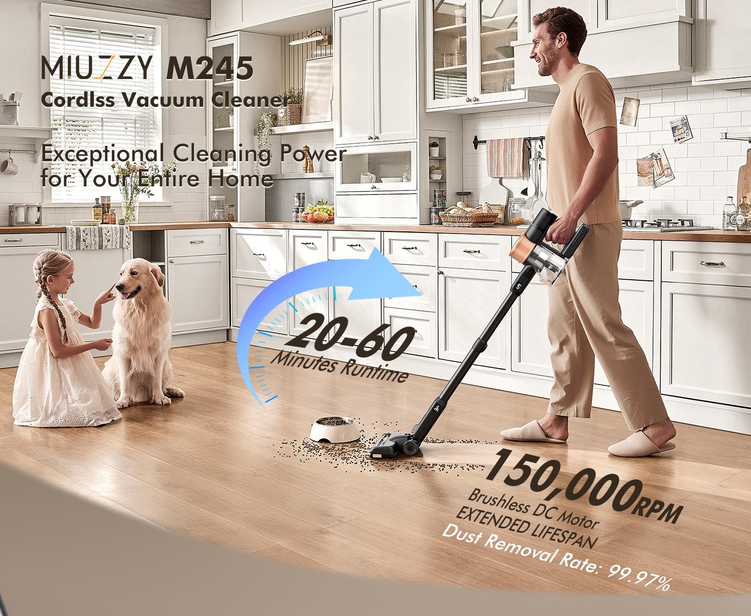 M245 Cordless Vacuum Cleaner 35KPa 160AW with 60-Min Runtime 4000mAh Battery Anti-Hair Wrap LED Display for Pet Hair Hard Floors Carpets & Cars