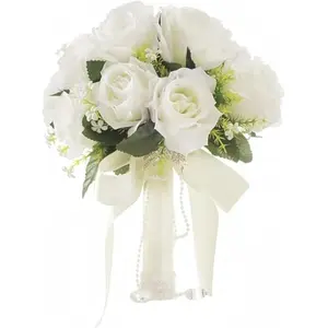 12 Inch Wedding Bouquet with Pearl Crystals Ribbons,Artificial Rose Flower for Bride Bridesmaids Artificial Fake Flowers Fake Flowers Toss Bouquet for Wedding Party Church(White)