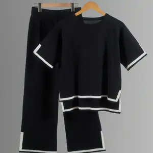 2025 New Clothing Set Summer Knitted Suit Sweater Set Short Sleeve Pullover Wide Leg Pants fleabag  jumpsuit white  monochrome  outfit summer  2  piece  set spring  break  outfit