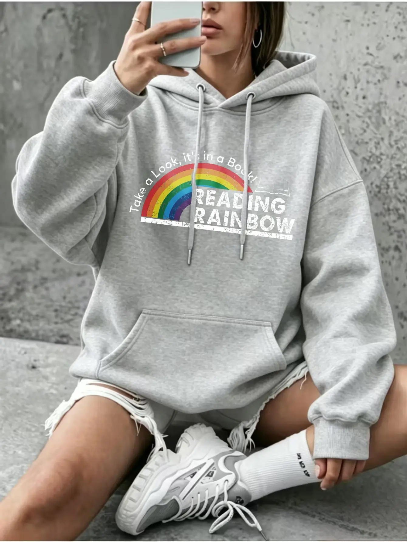 Women's Vintage Reading Rainbow Graphic Pullover Hoodie - Cotton Blend Brushed Fleece, Oversized Casual Fall Sweatshirt for Book Lovers, Cold Machine Wash Compatible, Graphic Print, Medium Length, Relaxed Cut