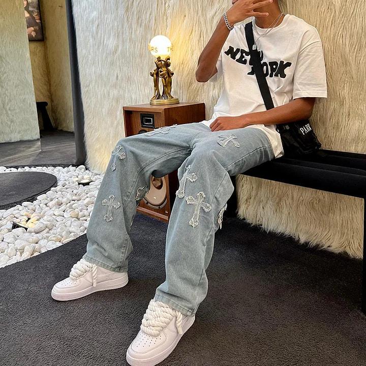 Sopula Studio Men's Streetwear Denim Cross Embroidery Jeans Ripped Straight Leg Blue Skateboard trousers SpringStatements