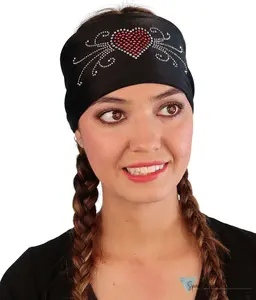 Reversible Stretch Headband – Stylish and Comfortable - Black Headband with Red Heart and Swirls Rhinestud Design