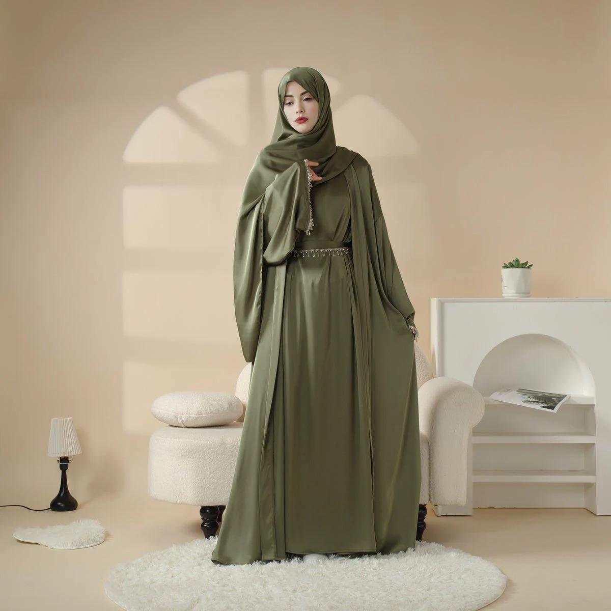 4-Piece Abaya Set: Satin Diamond Tassel Abaya Set (MOA010) - Women Summer Elegant Dress traditional clothes festive wear modestfits modestwear muslimah  Eid & Parties! Luxurious, modest, and perfect for any occasion. #ModestFashion Luxury Satin Abaya Set