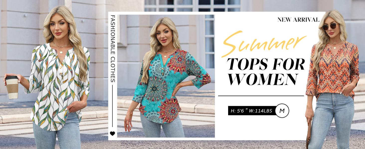 WIHOLL Womens Tops 3/4 Sleeve Heley Shirts for Women Summer Fashion 2025 Blouses Beach Vacation Clothes SpringStatements