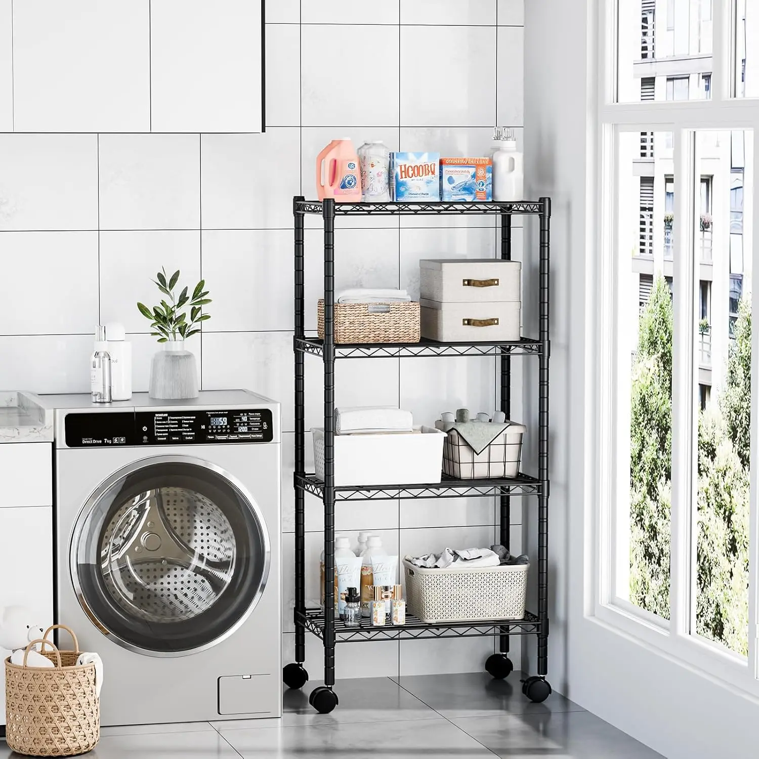 3/4/5 Tier Heavy Duty Metal Shelving Unit, 200LBS per Shelf Wire Storage Rack with Lockable Wheels, Rolling Organizer for Garage Pantry Kitchen Bathroom Laundry