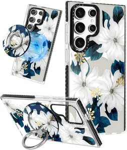 Cute Case for Samsung Galaxy for Women Girls - Funny Blue Flower Design Compatible with Magsafe Magnetic Ring Holder Kickstand Fashion TPU Phone Covers