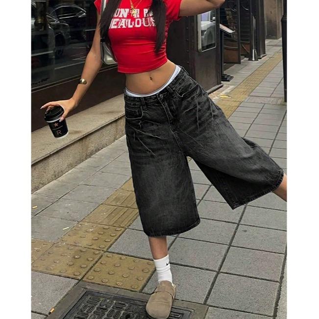 Vintage Washed Cat Whisker Pocket Wide Leg Bermuda Denim Shorts Casual Capri Music Festival
