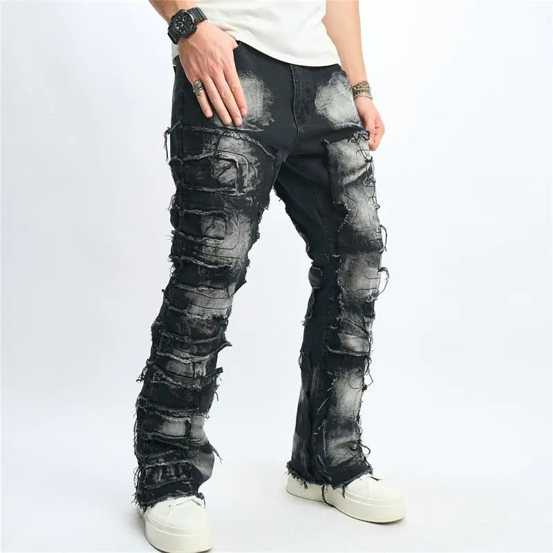 Men's Destroyed Biker Jeans | Y2K Hip Hop Raw Hem Design | Slim-Straight Ripped Denim Pants with Patch & Spliced Details Streetwear