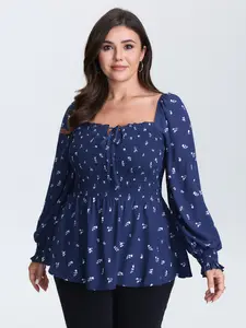 【Summer Turn-Up】【Neck-Lengthening】BlOOMCHIC Plus Size Micro-Floral Print Shirred Blouse [1x-6x] 2026 Summer Pick for Mother's Day