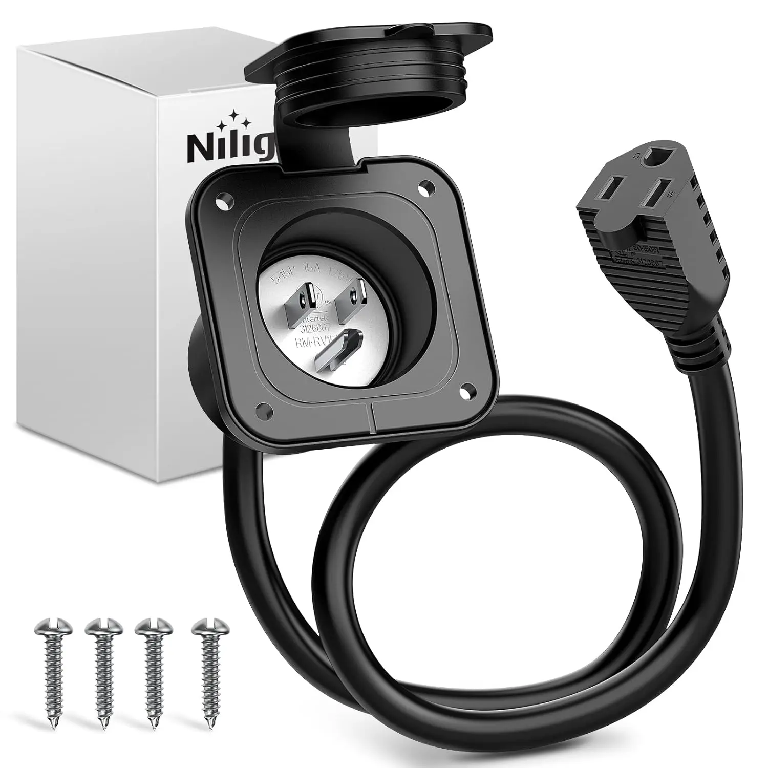 Nilight 15 AMP RV Power Flanged Inlet 125V AC Port Shore Receptacle with Extension Cord ETL Listed NEMA 5-15P Plug 5-15R Female Outlet for RV Camper Generator Shed Motorhome Usb Ports Socket Usb Multi Plug