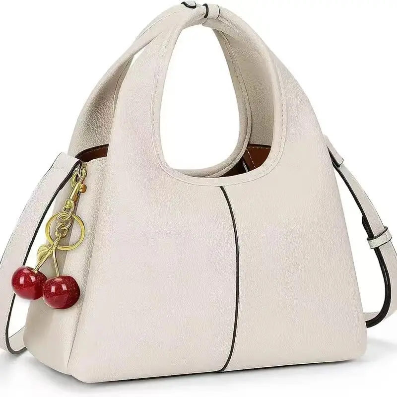 Women's Retro Chic Vegan PU Leather Geometric Hobo Bag, Adjustable Strap Top Handle Satchel, Detachable Cherry Keychain Crossbody Purse for Casual Travel, Birthdays, Mother's Day Gifting, 2-Way Carrying