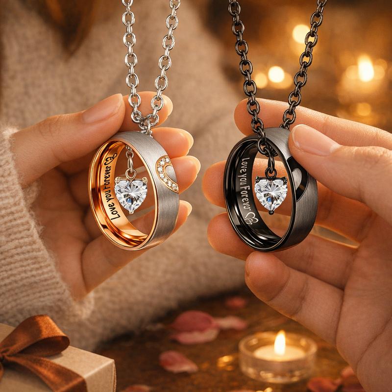September  Couple Necklace Set with Matching Split-Heart Ring Pendants for Him & Her, Interactive Design, Minimalist Commemorative Jewelry, Valentine’s Day & Birthday Gift for Girlfriend and Boyfriend