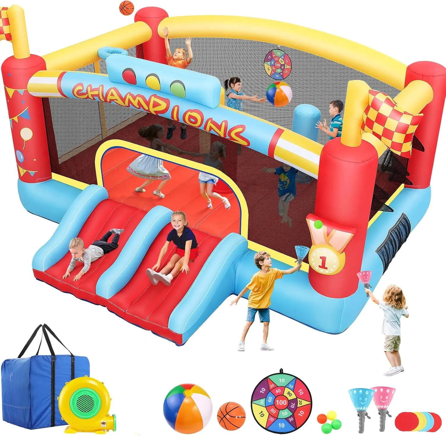 Inflatable Bounce House for Big Kids, 13FT Outdoor Inflatable Bouncers with Blower, Double Basketball Hoop, Throw Ball Game, Punching Game, Jumping Bouncy Castle (Extra Large Bounce House)