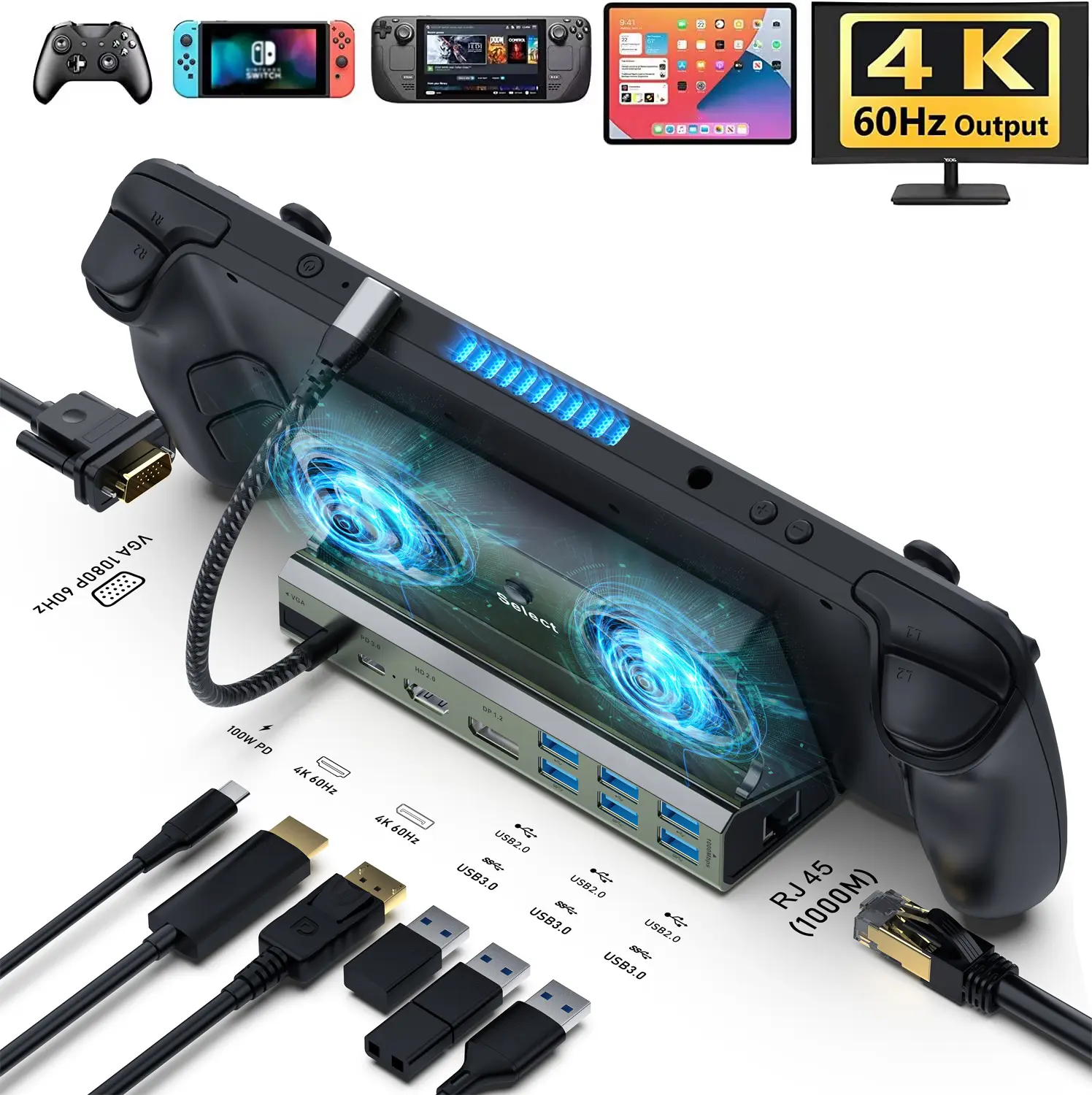 11-in-1 Dual-Fan Docking Station for Steam Deck/ROG Xbox Ally/Switch | 4K@60Hz HDMI, Gigabit Ethernet, 100W PD 3.0, Dual Fans, Type-C Cable, 6 USB ports compatible MSI Claw/Legion Go
