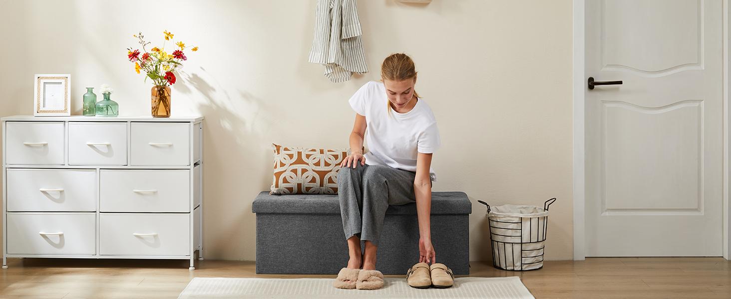 Folding Storage Ottoman Bench, Foot Rest Stool with Padded Seat, Large Toy Box Storage Chest with Seatin, Holds up to 660 lb-Grey