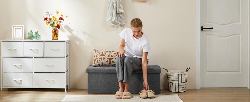 Folding Storage Ottoman Bench, Foot Rest Stool with Padded Seat, Large Toy Box Storage Chest with Seatin, Holds up to 660 lb-Grey