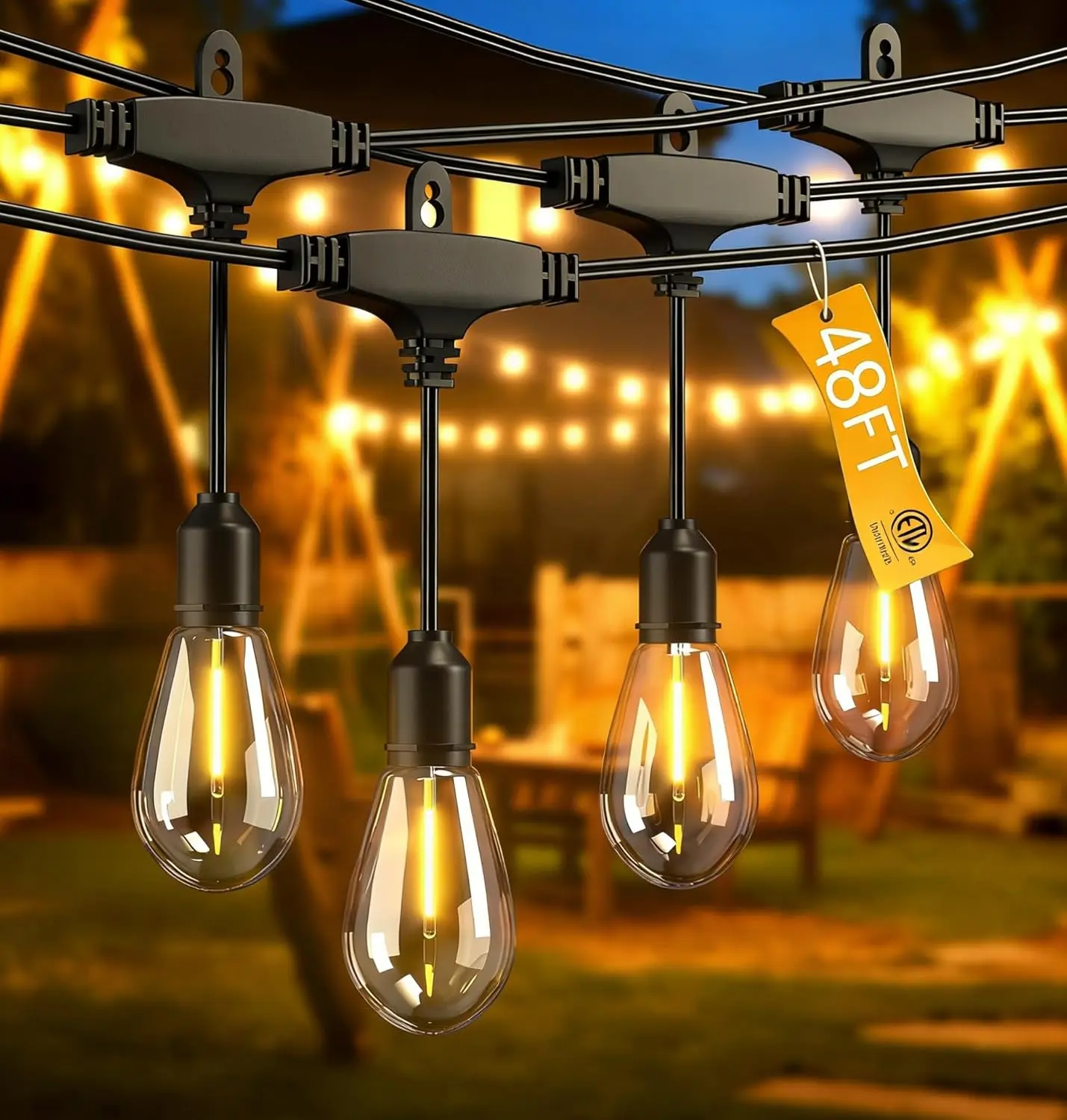 Beatineon Outdoor String Lights 48FT, Commercial Grade Patio Lights with 16 (15+1) S14 Shatterproof Dimmable Bulbs for Bistros Backyard Porch Party, IP65 Waterproof 2700K Warm White (dimmers not included)