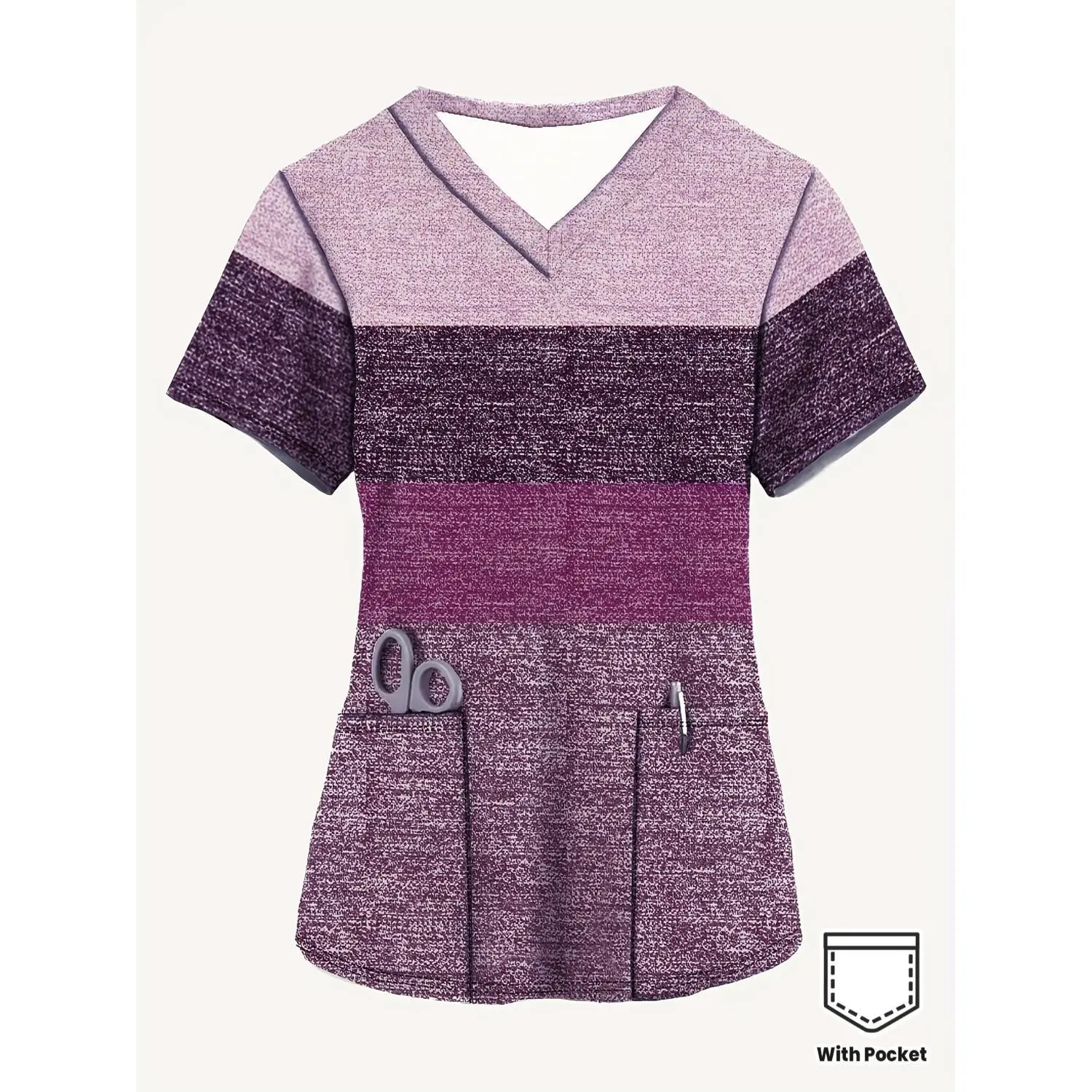 Casual Comfort Short Sleeve V-Neck Top for Women | Purple Horizontal Stripe Patch Print Nurse Uniform with Pockets