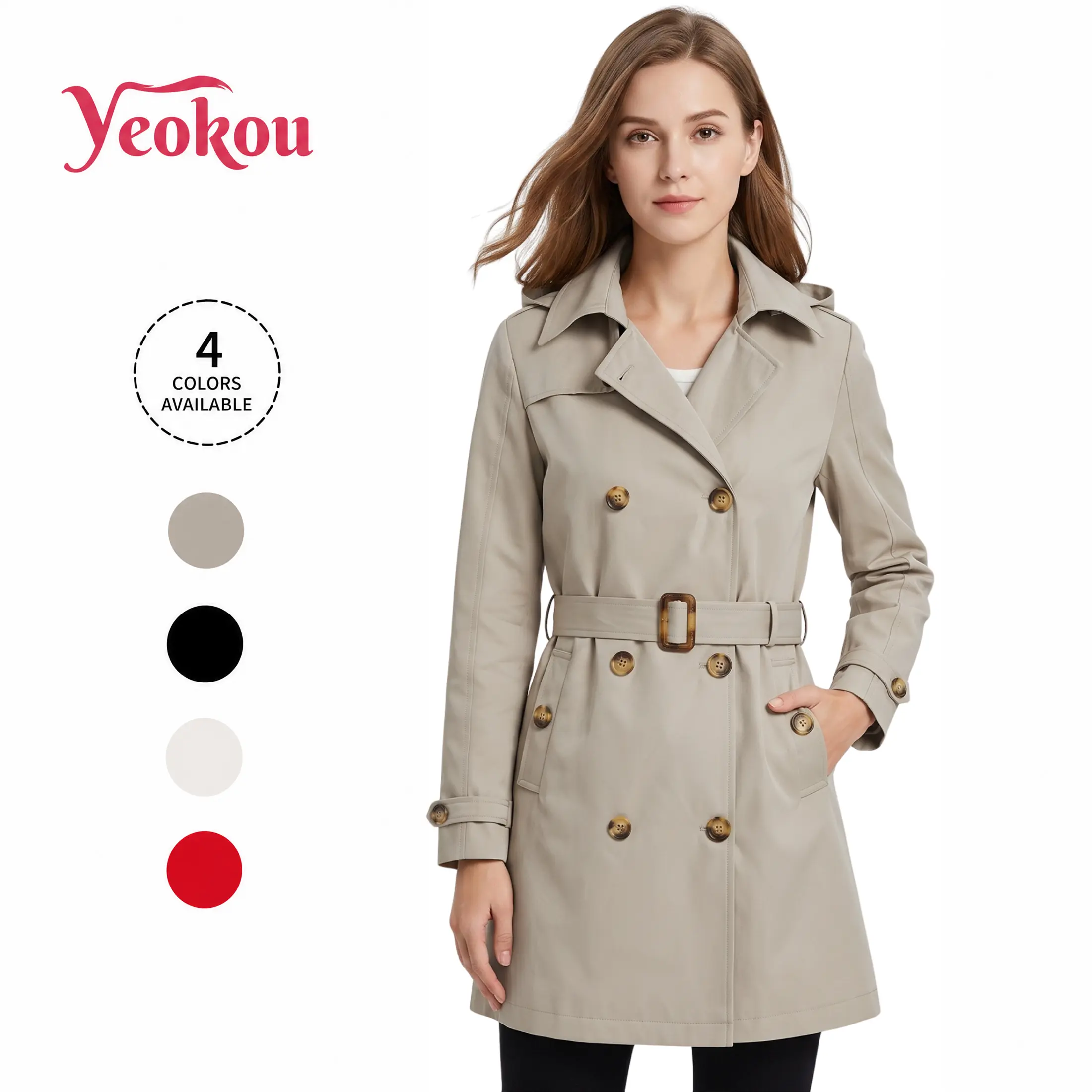 Yeokou Women Double Breasted Trench Coat Detachable Hood Water Resistant Windproof Slim Mid Length Belted Outerwear