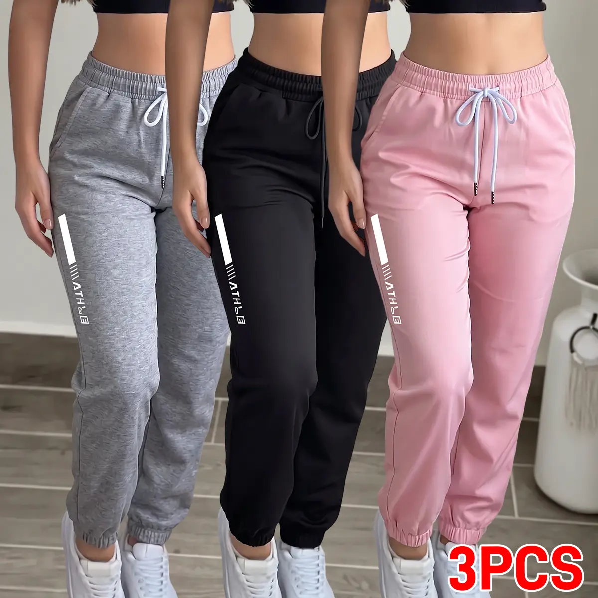 3PCS women’s lightweight ultra-thin straight casual athletic pants; all-season drawstring design with stylish pocket openings; straight-leg casual pants suitable for outdoor sports and everyday outings; summer vibe; stretchy fabric. Stretch casual sports