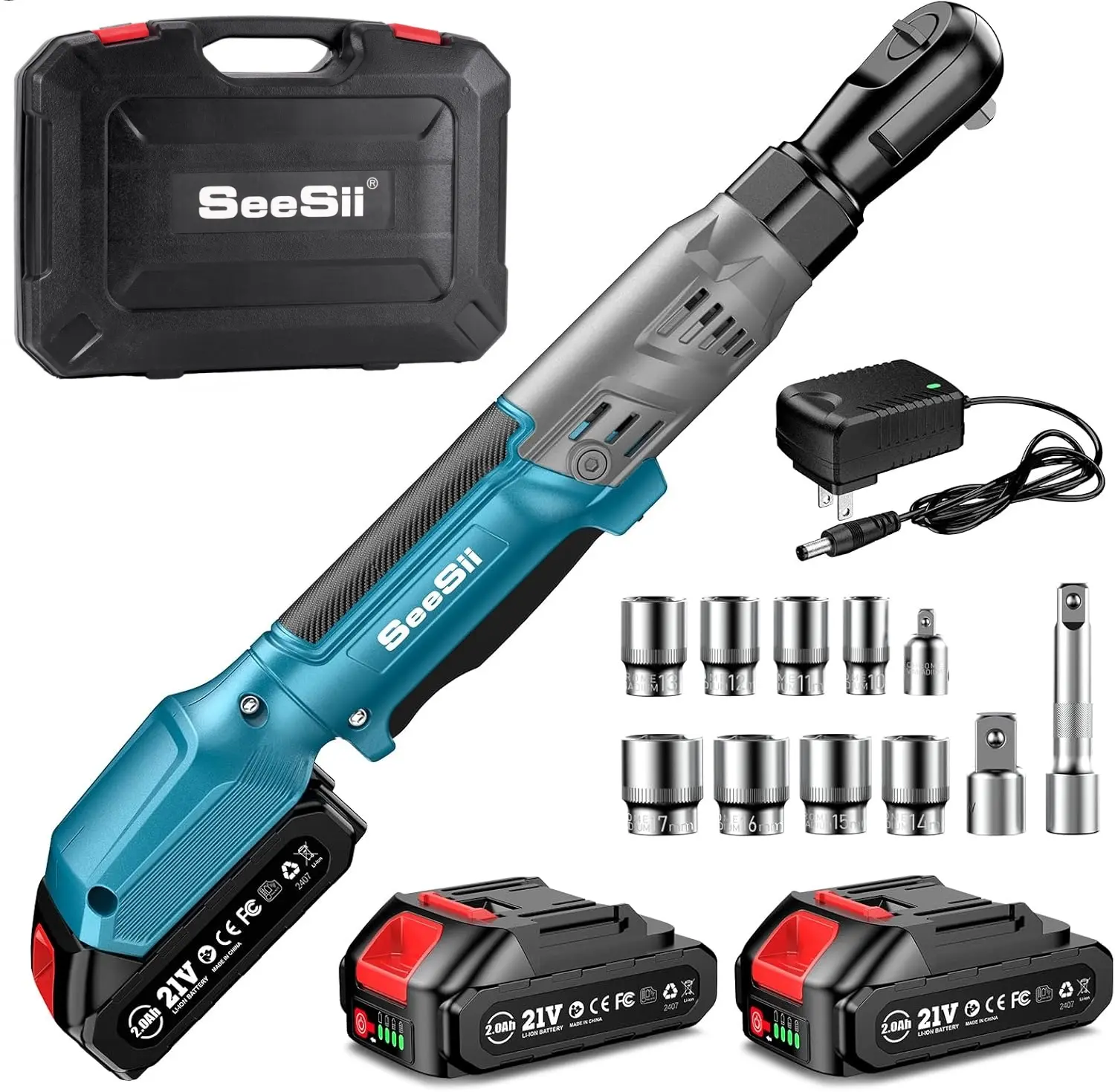 SEESII 3/8" Cordless Ratchet Wrench – 66Ft-lbs Torque, 200RPM Speed, 2x21V Batteries, Variable Speed Control, 8 Sockets, 1/4" & 1/2" Adapters, and 3" Extension Bar Included, 600B DealsForYouDays