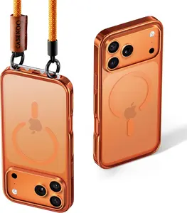 CASEKOO Linkoo 1st Magnetic iPhone 17 Pro Max Case with Foldable Invisible Lanyard Buckle Wrist Strap, Anti-Fall, Aluminum Alloy Lens Protection, Tether Phone Case, Hiking Daily Commute, Glossy Orange