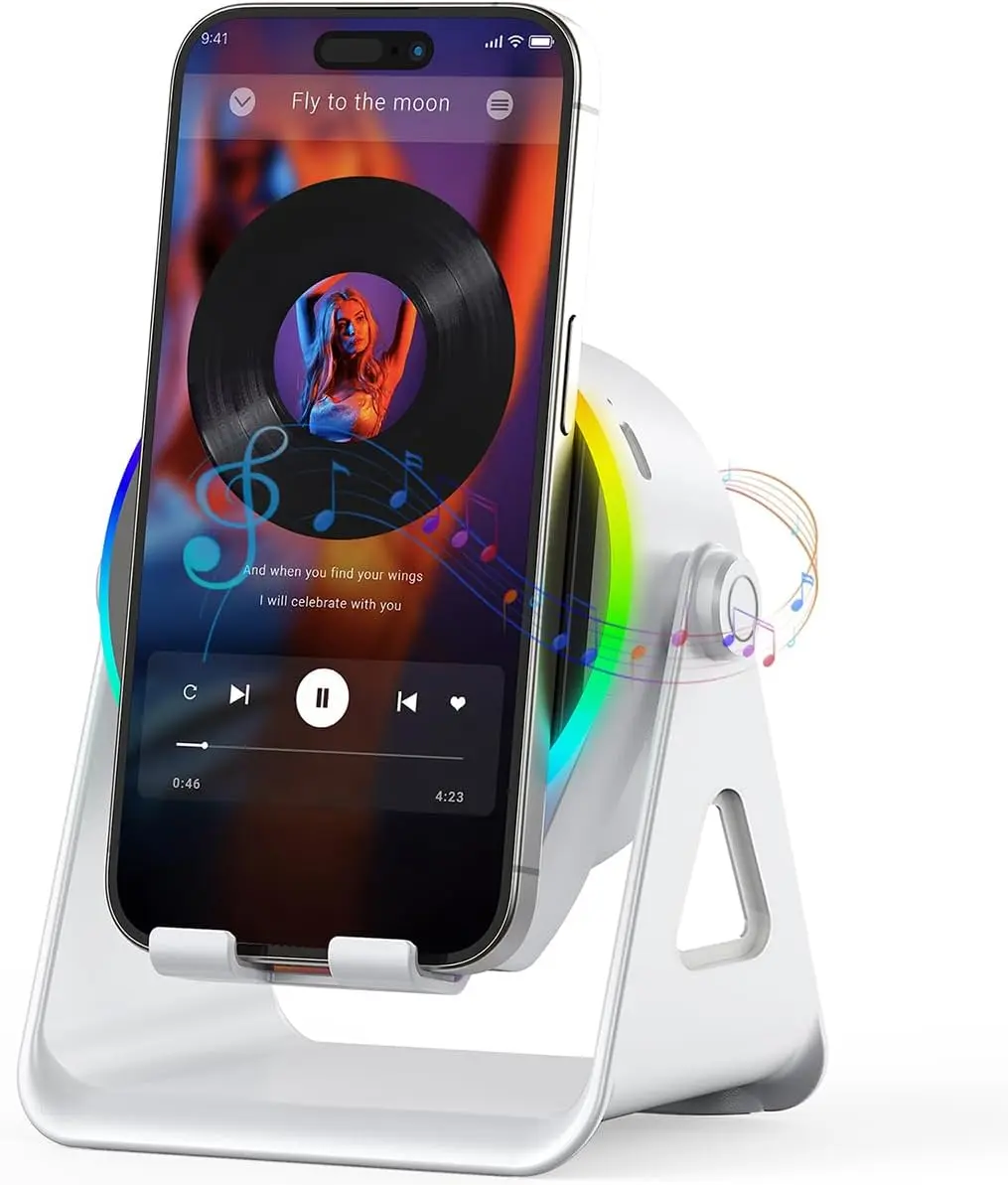 Wireless Induction Speaker,4 in1 Phone Stand Bluetooth Speaker with Colorful Ambient Light 360° Rotation Compatible with Tablet iPhone Android,Unique Birthday Gift for Men Women Adults ccr akll