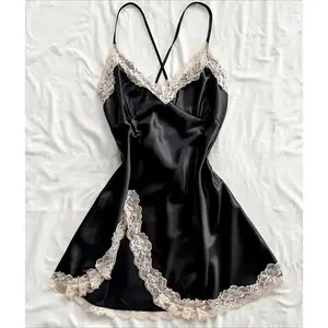 Women'S Sexy V-Neck Slip Nightgown, 100% Polyester, All-Season Lace Trim Sleeveless Sleep Dress, Solid Color, Woven Fabric, 90 gsm - Perfect Valentine'S Day Gift