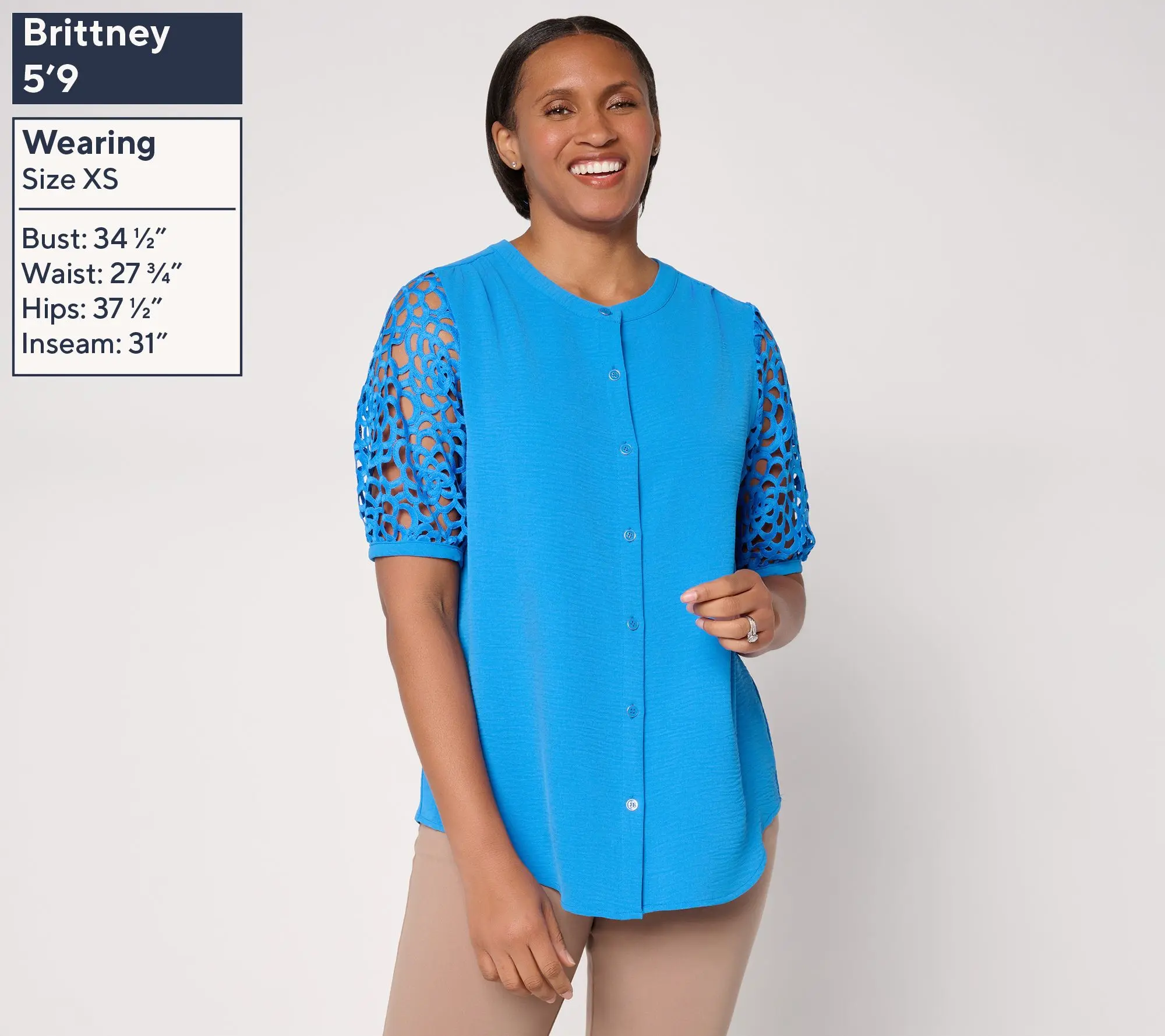 Susan Graver Crinkled Woven Button-Front Top w/ Lace Sleeves