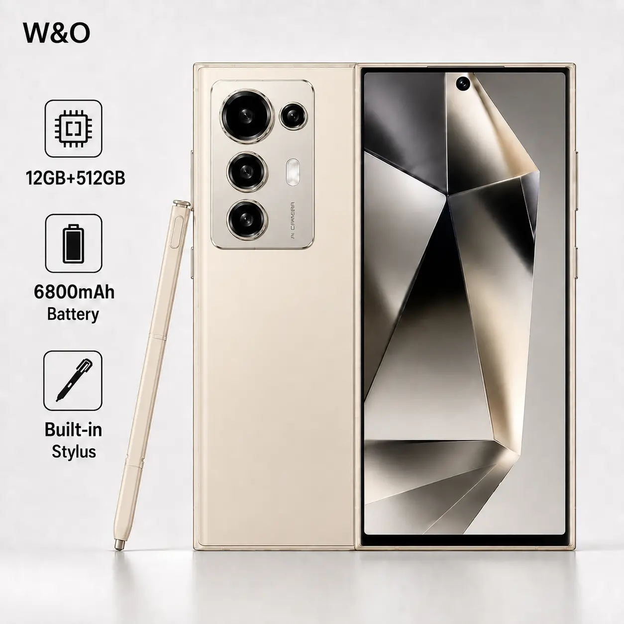 W&O Smartphone, 12GB+512GB, 6.8-Inch HD Display, 6800mAh Battery, Built-in Stylus, Android 14, 50MP Camera, Octa-Core, Dual SIM Card Fingerprint Rear Memory Metallic Navigation Retractable Screen Streaming