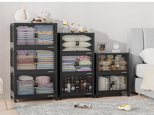 Broview V8 360Qt/480Qt/600Qt Stackable Storage Bins with Lids, Extra Large Closet Organizer Collapsible Drawer Boxes with Wheels, Folding Plastic Cabinet Containers for Home Kitchen Room Organization