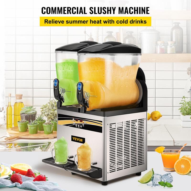VEVOR Commercial Slushy Machine, 15Lx2 Tank Margarita Maker, 1000W Stainless Steel Smoothie Frozen Drink Maker for Supermarkets Cafes Restaurants Bars Home Use