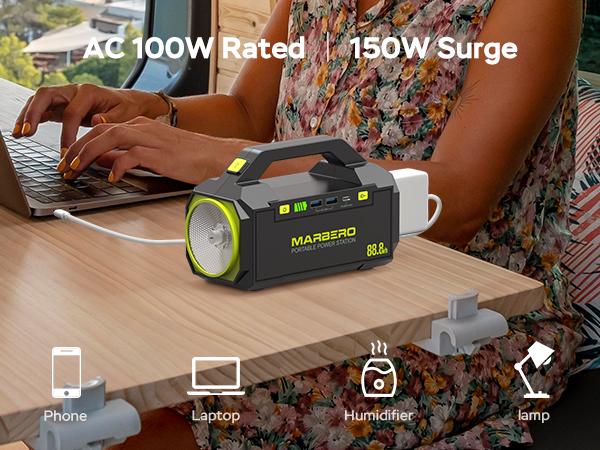 MARBERO 24,000mAh Power Bank with AC 100W Outlet (150W Surge) 88.8Wh Portable Power Station 4 Output Ports PD 60W USB-C Built-in High-lumens Flashlight for Hiking Camping Essentials Power Outage