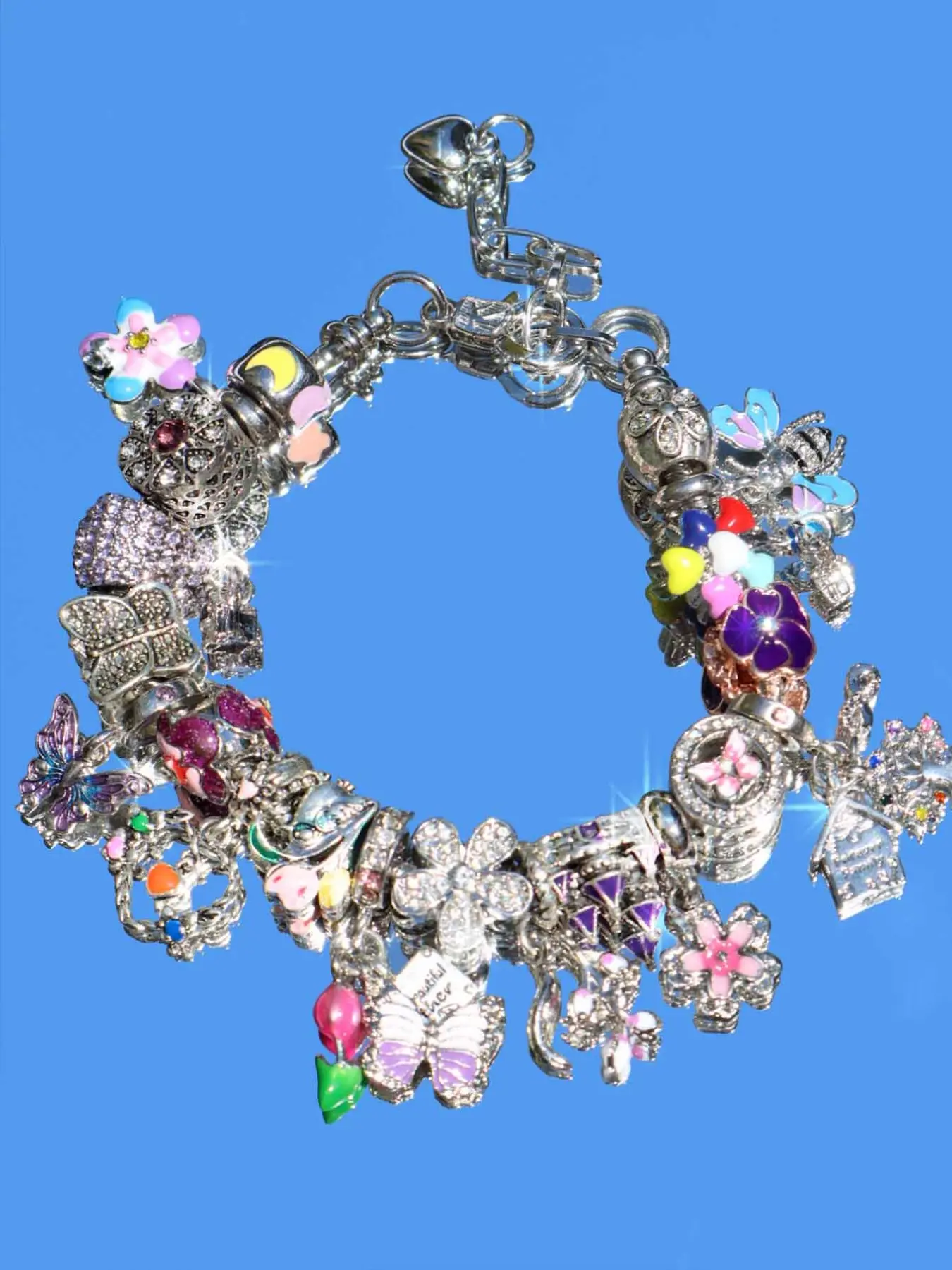 Vintage Flower Charm Bracelet, Cherry Blossom Bracelet, Tulip Flower Bracelet, Vintage Butterfly Bracelet, Vacation Style Bracelet, Floral Charm Bracelets