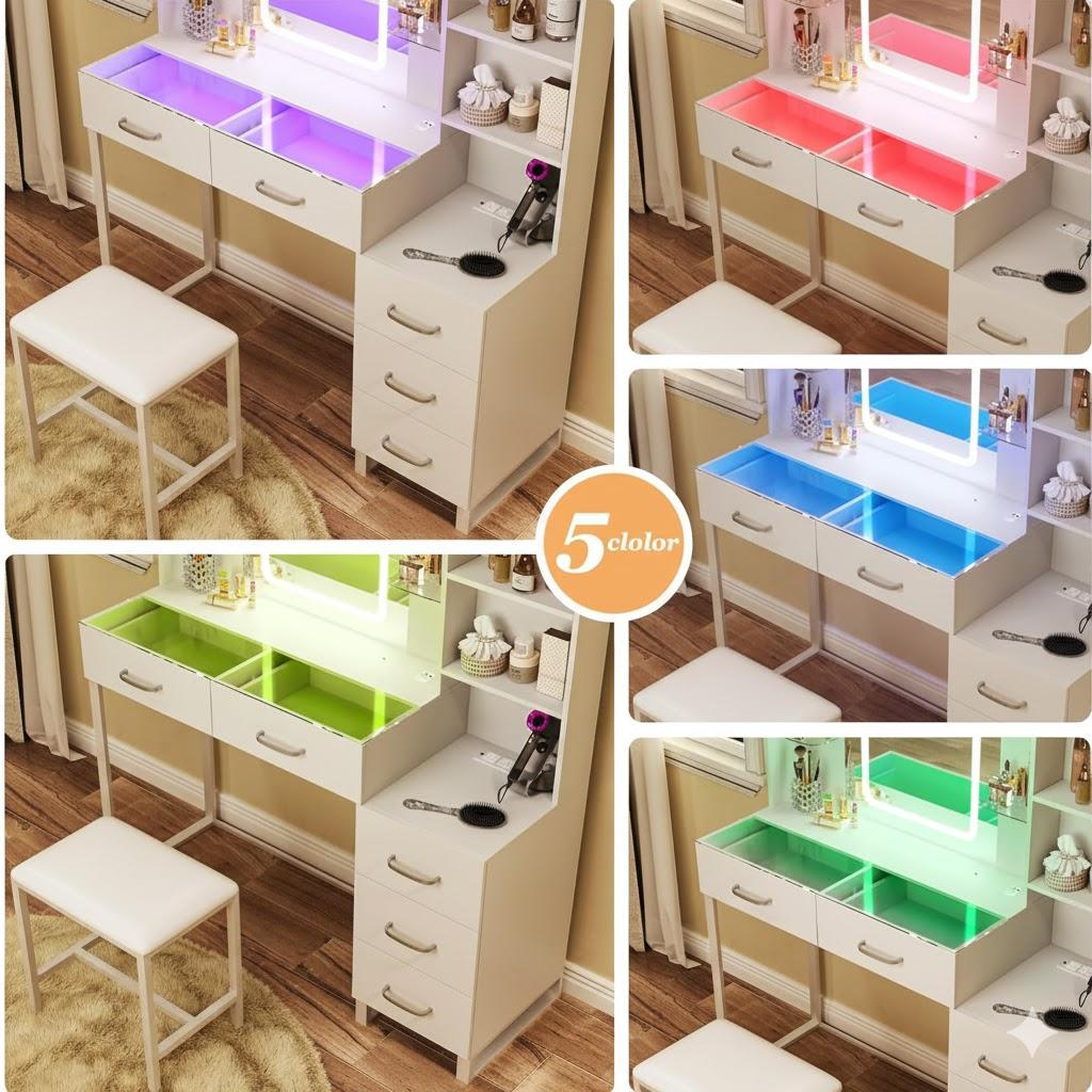 Vanity Desk with Mirror and LED Lights, 57.5" Makeup Vanity with Glass Top, Vanity with RGB Drawers, Power Outlet Safety Switch for Bedroom, White