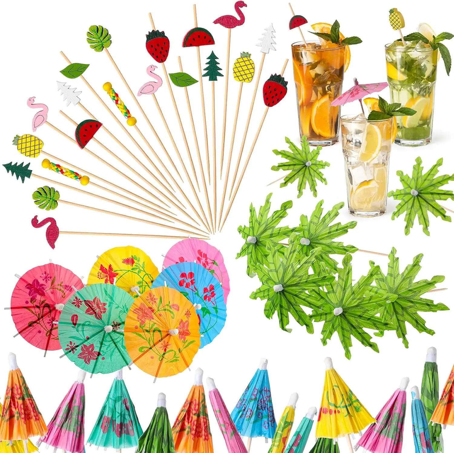 160PCS Drink Umbrellas Cocktail Picks Coconut Palm Cocktail Umbrellas Firework Drink Stirrers Tropical Cocktail Sticks for Drinks Fruit Hawaiian Party Decorations Cocktail Accessories