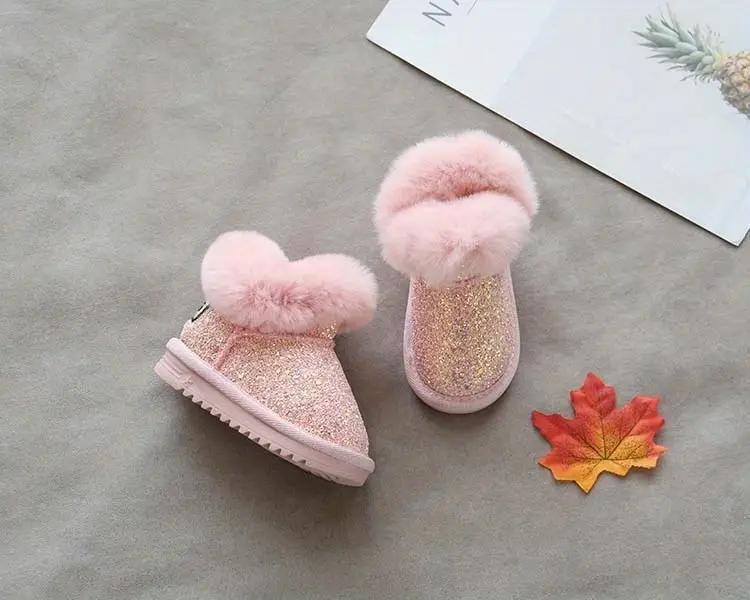 Baby Girl Sparkly Snow Boots with Fleece-Lined Thickened Soft Sole, Glittery Pink Low-Top Winter Shoes with Heart Pom-Poms & Closure for Toddlers Infants Outdoor Play, Cute Cartoon Pattern Winter Boots zipper