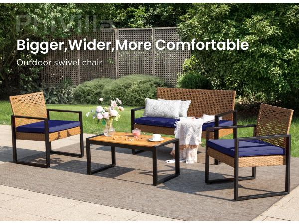 Phi Villa 4-Piece Patio Conversation Set - Wicker Chairs, Acacia Wood Coffee Table, Solid Wood Tabletop, Durable & Stylish Outdoor Design Furniture, Deals for You