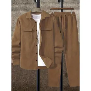 [Corduroy Casual Suit] Solid Color Corduroy Suit - Men's Long Sleeve Shirt and Pants Casual Suit Clothes Menswear